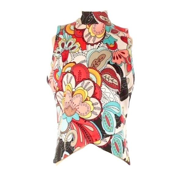 New York & Company 7th Avenue Studio Retro Floral Mock Neck Sleeveless Top Red - Picture 6 of 6